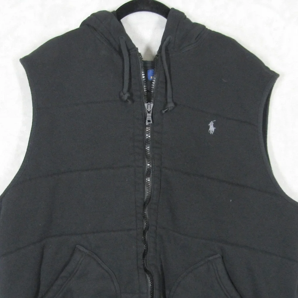 Polo Ralph Lauren Mens XXL Black Hooded Puffer Vest Full Zip Cotton Blend Pony